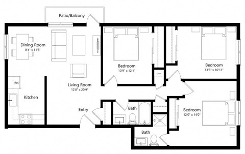 Floor plan for 3 beds, 2 baths, 1169 sqft